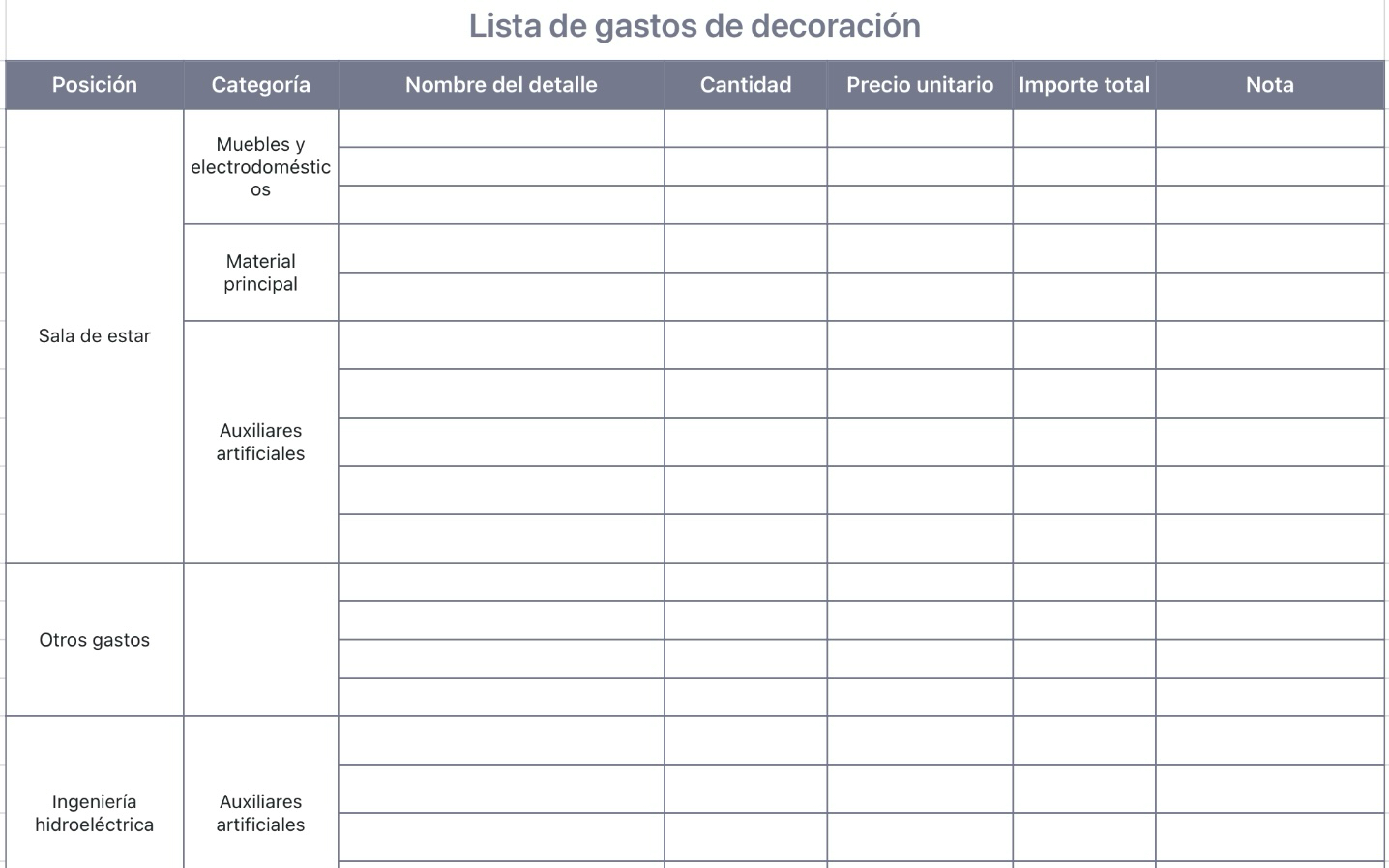 Lista de gastos de decoración